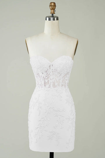 Spaghetti Straps Bodycon Simple White Graduation Dress with Appliques